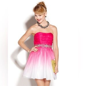 Pink and White Strapless Prom Dress